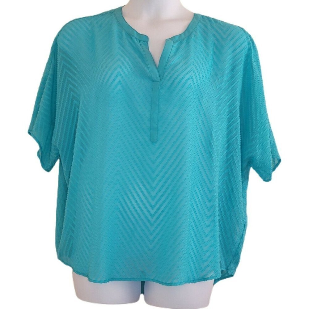 Chico's Teal Blue Chevron Sheer Chiffon Short Sleeve Blouse Size 3 / XL